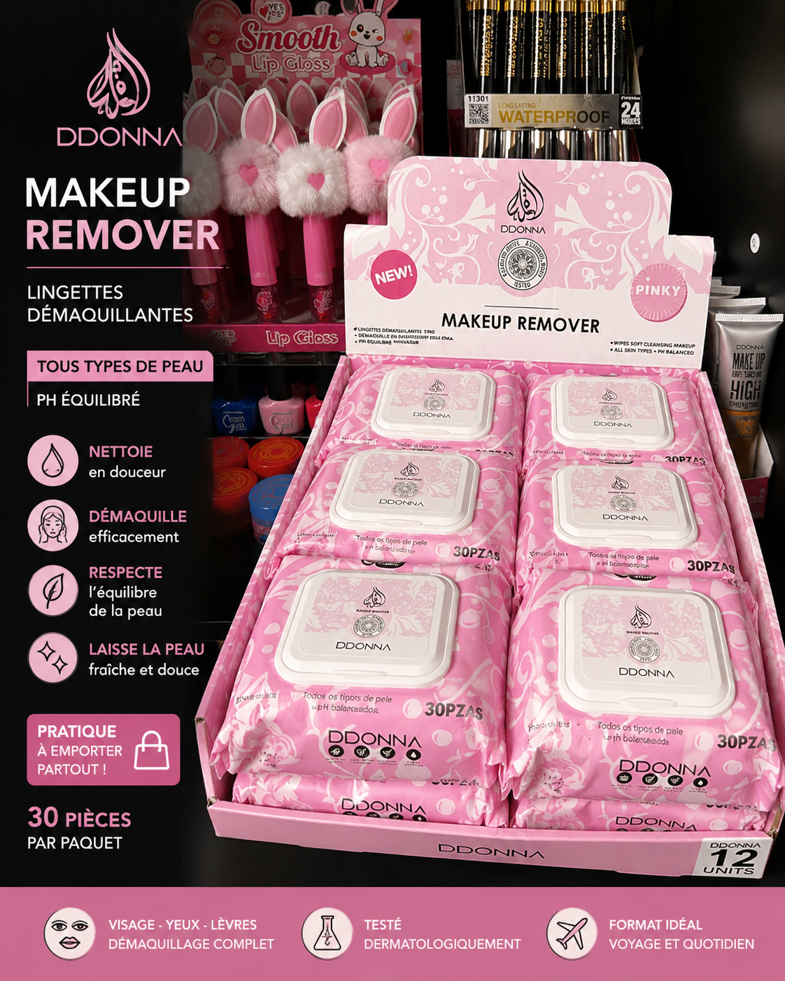 DDONNA Makeup Remover Pinky – Lingettes Démaquillantes Parfum Yara Rose 30 Pièces