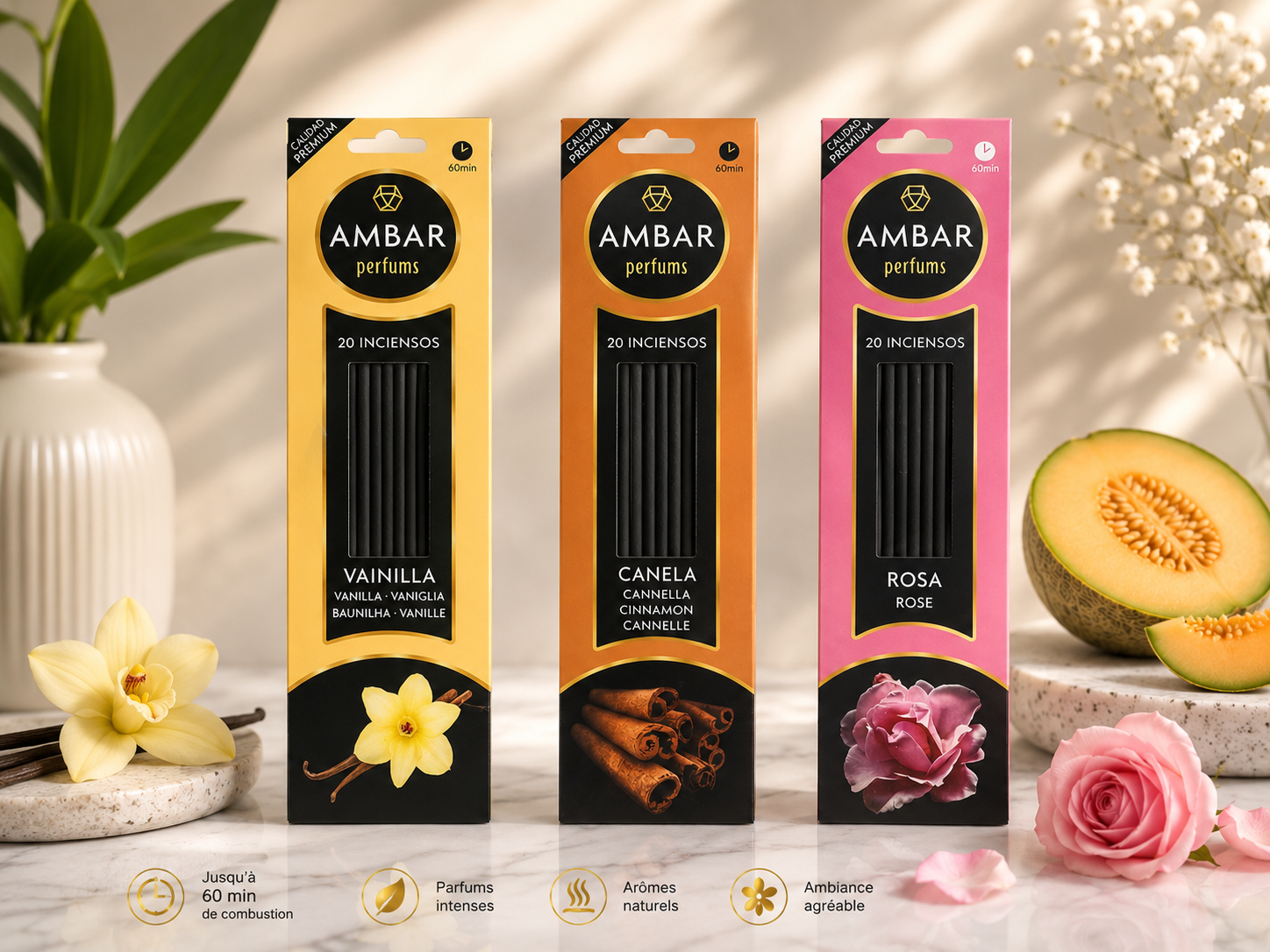 Encens AMBAR Perfums – Vanille, Cannelle & Rose | 20 Bâtonnets Premium