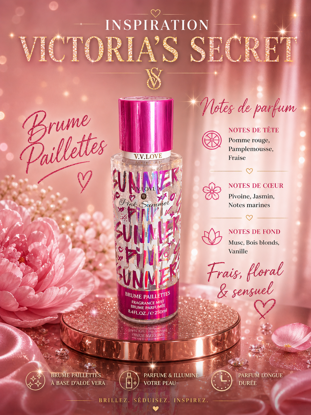 🌸 Brume Pailletée Pink Summer – V.V Love 250ml | Inspiration Victoria’s Secret