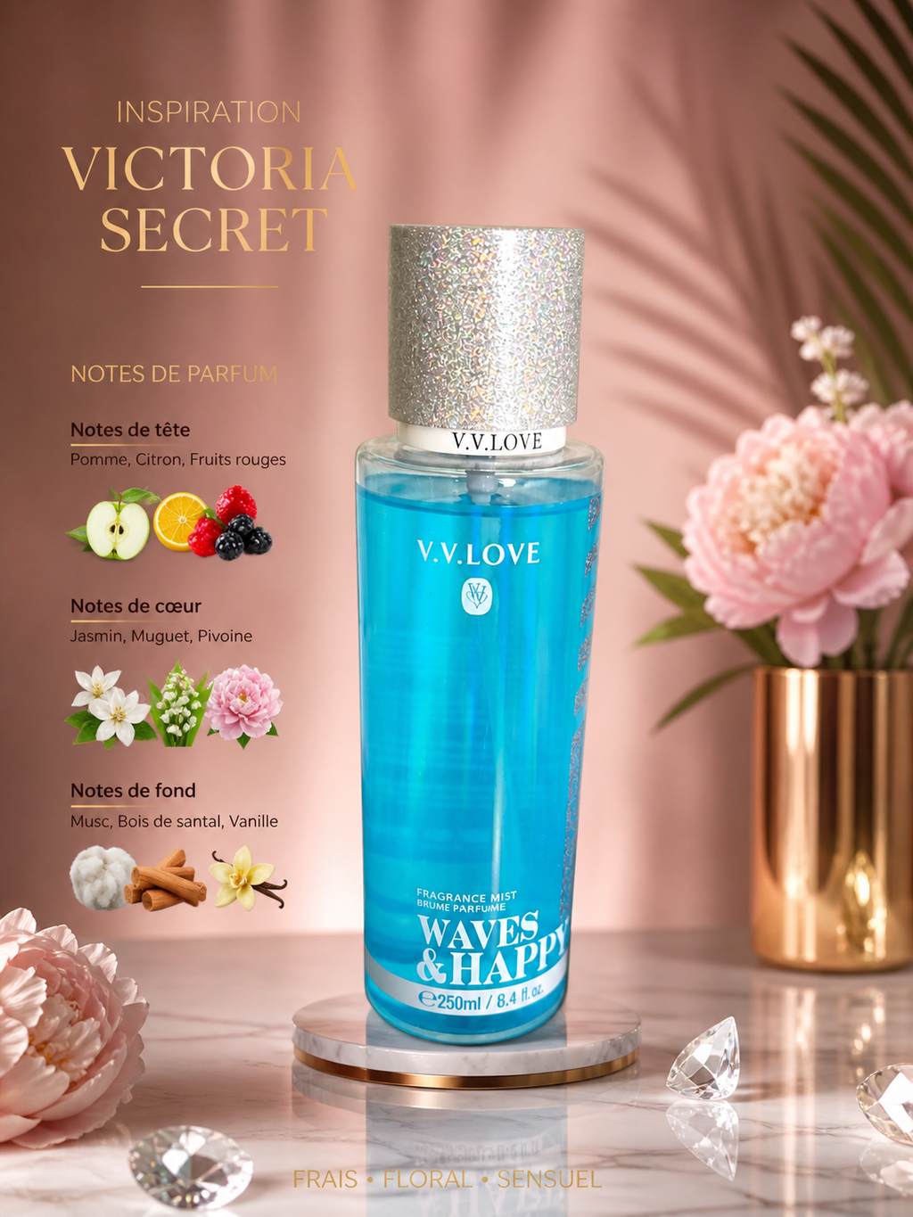 Brume Parfumée Femme V.V Love 250ml – Inspiration Victoria’s Secret | Parfum Floral, Fruité & Gourmand Longue Tenue
