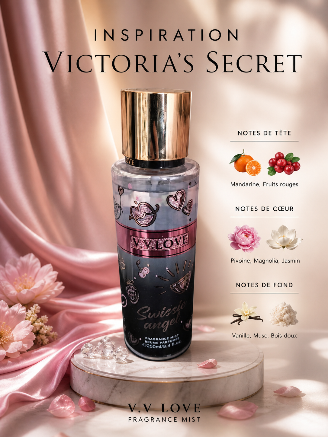 Brume Parfumée Femme V.V Love 250ml – Inspiration Victoria’s Secret | Parfum Floral, Fruité & Gourmand Longue Tenue