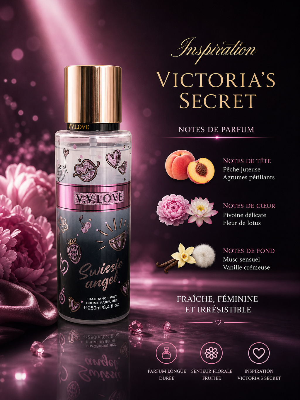 Brume Parfumée Femme V.V Love 250ml – Inspiration Victoria’s Secret | Parfum Floral, Fruité & Gourmand Longue Tenue
