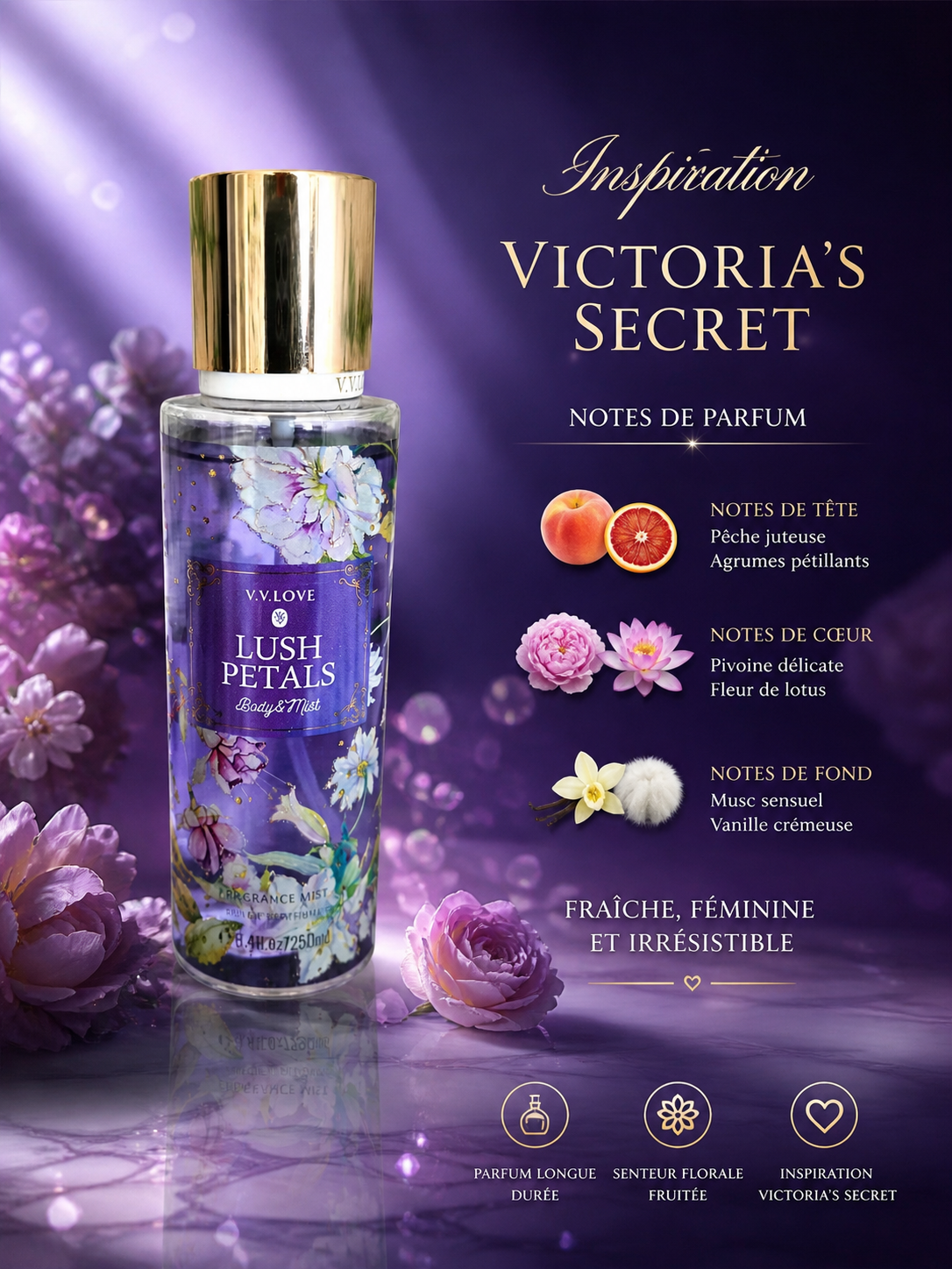 Brume Parfumée Femme V.V Love 250ml – Inspiration Victoria’s Secret | Parfum Floral, Fruité & Gourmand Longue Tenue