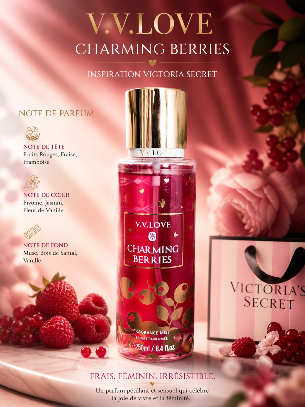 Brume Parfumée Femme V.V Love 250ml – Inspiration Victoria’s Secret | Parfum Floral, Fruité & Gourmand Longue Tenue