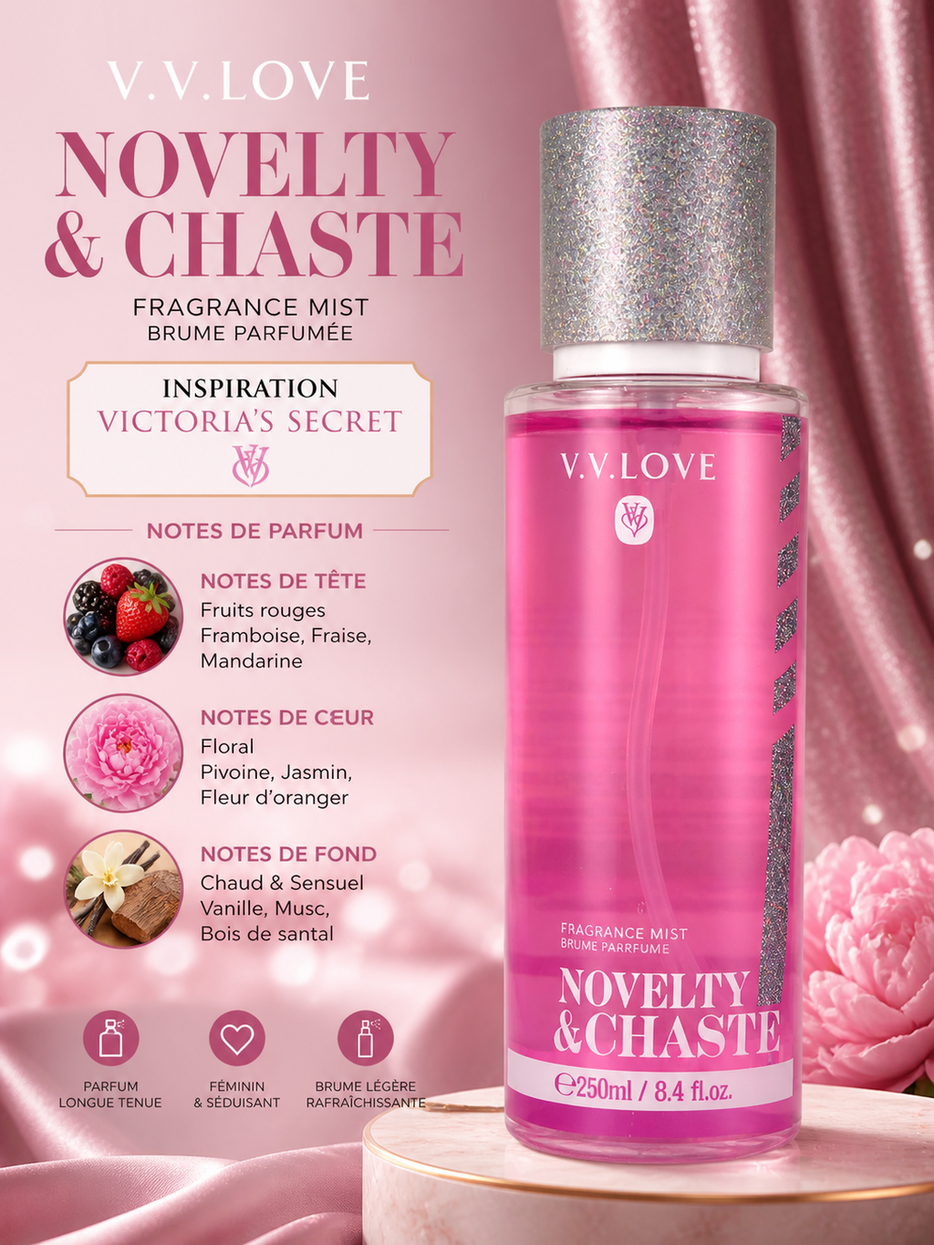 Brume Parfumée Femme V.V Love 250ml – Inspiration Victoria’s Secret | Parfum Floral, Fruité & Gourmand Longue Tenue