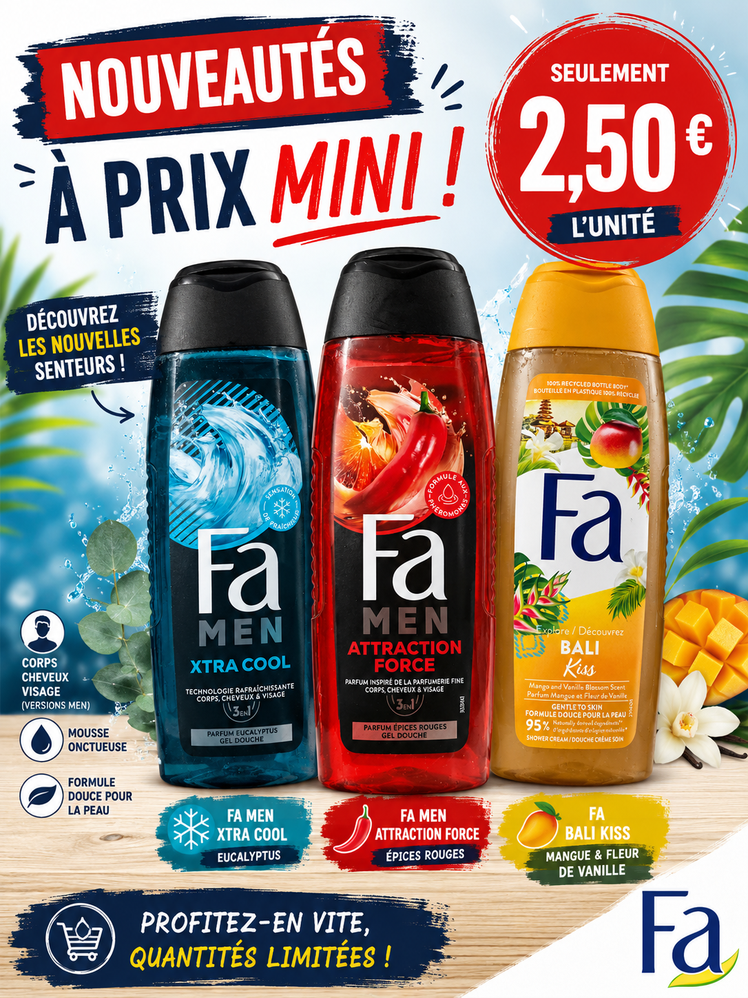 Fa Gel Douche 3-en-1 – Xtra Cool, Attraction Force & Bali Kiss – 250 ml