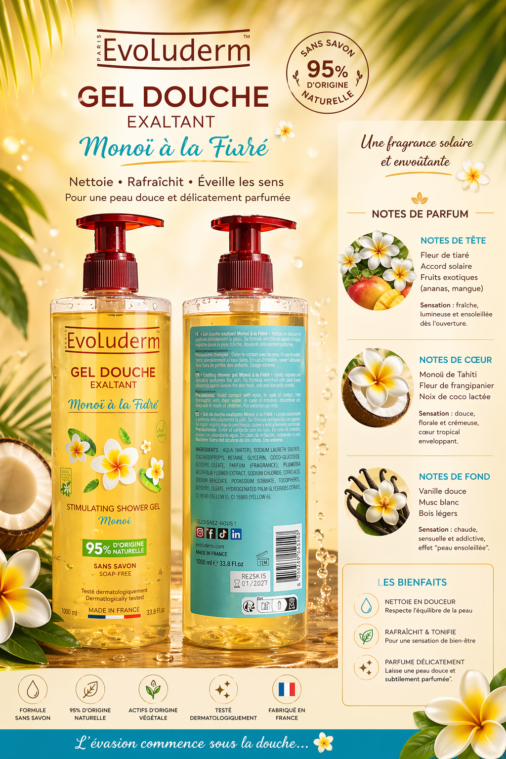 Gel Douche Hydratant Monoï à la Tiaré – Evoluderm