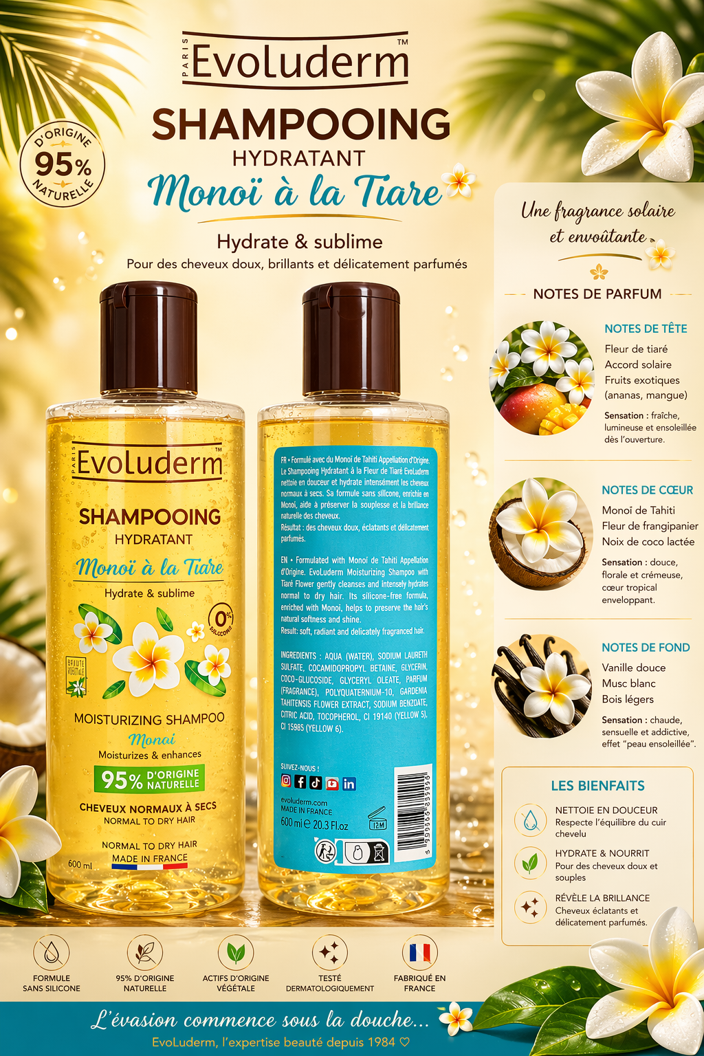 Shampoing Hydratant Monoï à la Tiaré – Evoluderm