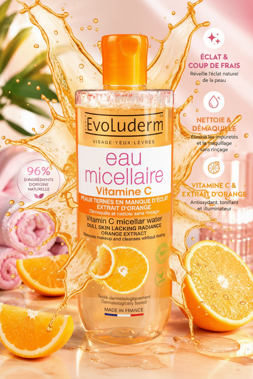 Evoluderm Eau Micellaire Vitamine C – Nettoyant & Démaquillant Éclat