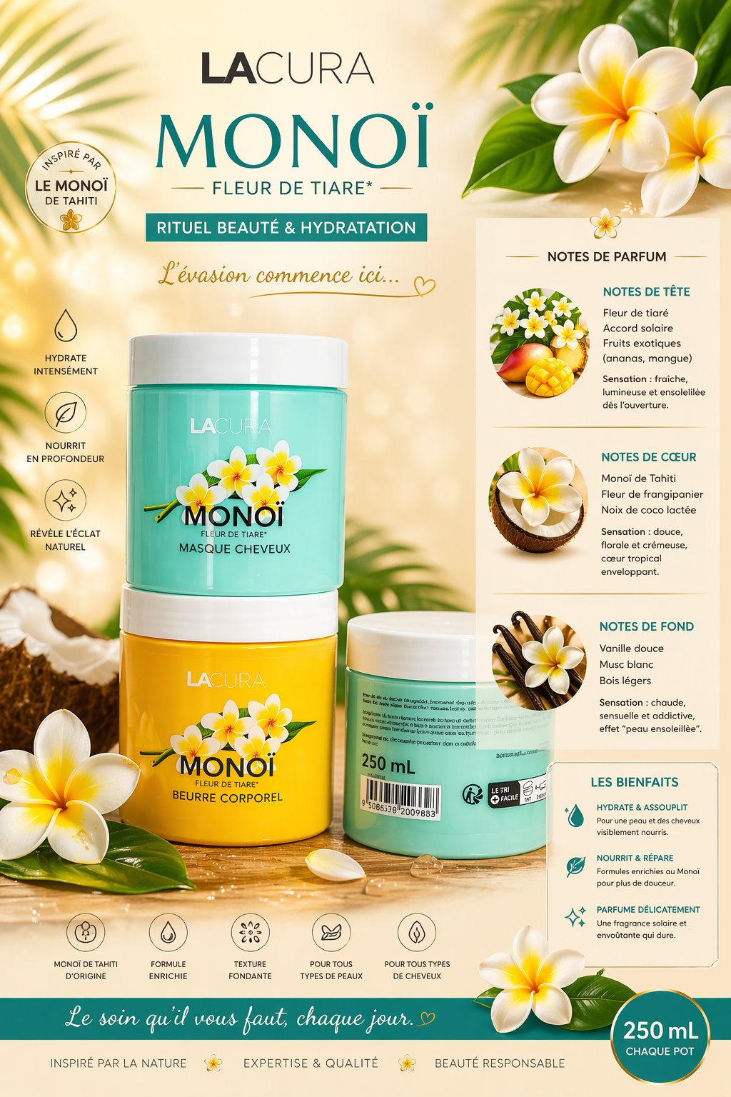 Masque Cheveux & Beurre Corporel Monoï – Hydratation Intense Lacura