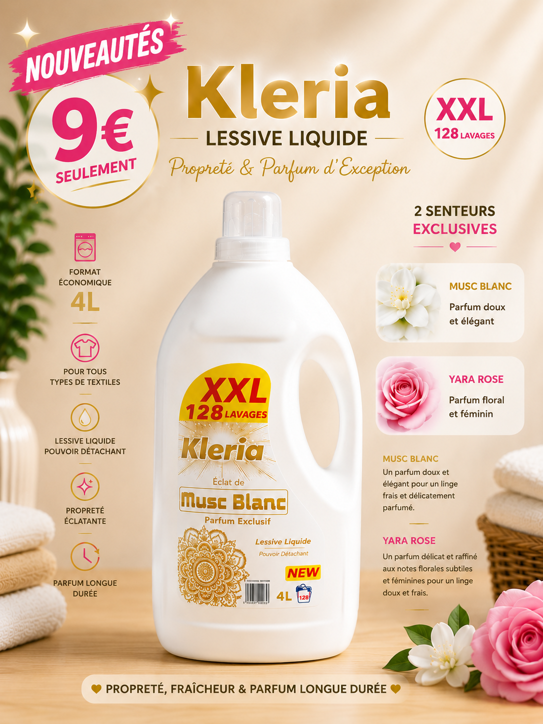 Lessive liquide Kleria 4L XXL – 128 lavages